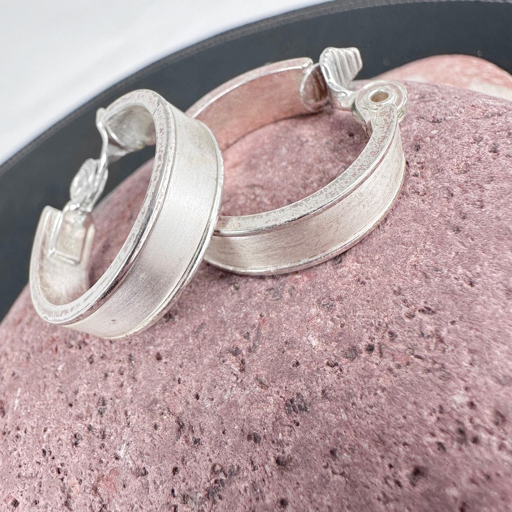 Monet Vintage Silver‎ Tone Hoop Clip On Earrings 1.125" Solid Signed